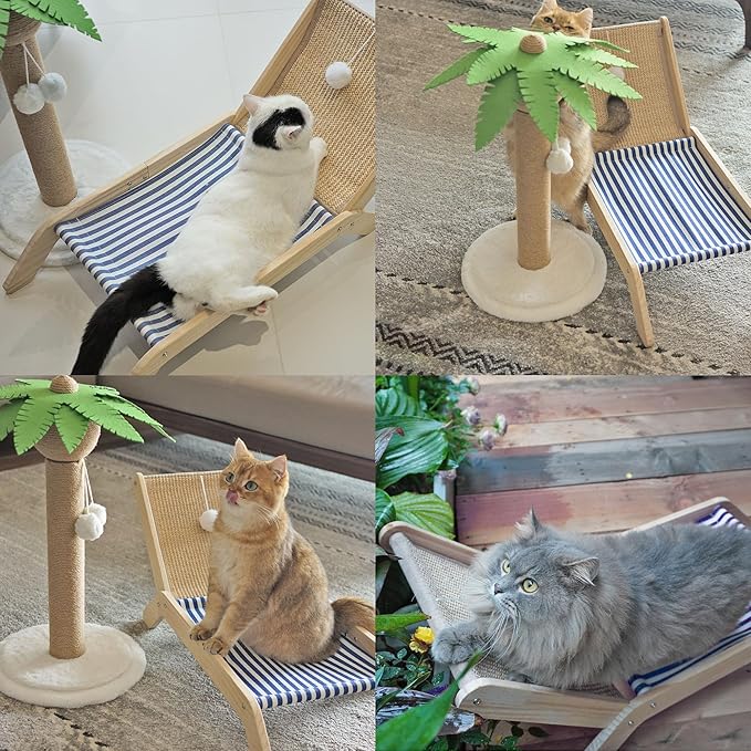 Cat Hammock with Coconut Palm Tree Scratching Post, Aberatail Cozy Beach Chair Elevated Cat Beds, Sisal Cat Tree Scratching Post for Indoor Cats (Post & Hammock)