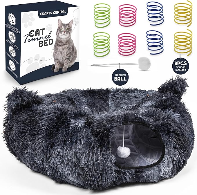 Cat Tunnel Bed with 8 Cat Spring Toys - Furry Cat Tunnel Bed, Kitty Ears Design, Large Cat Donut Tunnel, Cat Bed for Indoor Cats, Cat Tunnel Cave - Great Indoor cat Toy