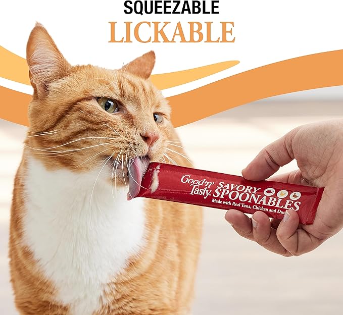 Good ‘n’ Tasty Savory Spoonables with Real Tuna, Chicken & Duck, 6 Count Tube, Triple Flavor Squeezable Lickable Wet Treats for Cats with Built-in Spoon for Less Mess