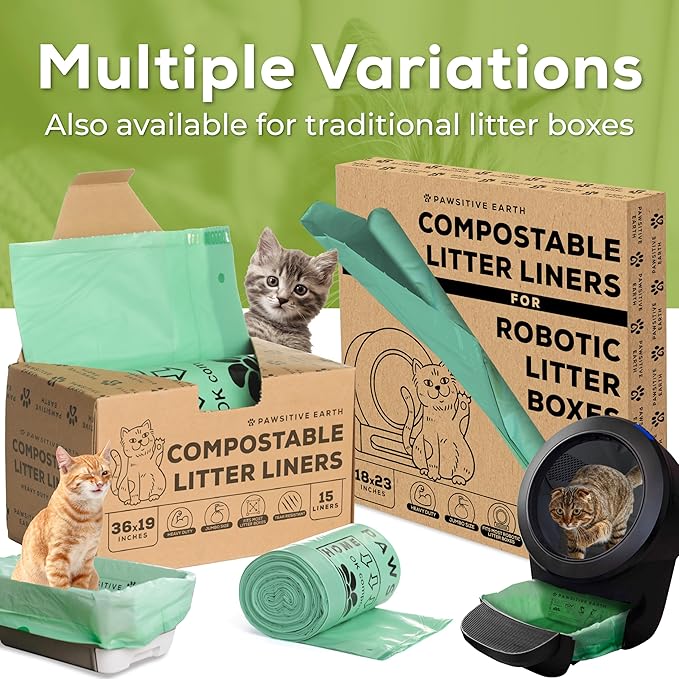 Cat Litter Box Liner 100% Compostable - Drawstring Close - Jumbo Size 36" x 19" - Tear & Leak Resistant - OK Compost Home Certified (Pack of 50)