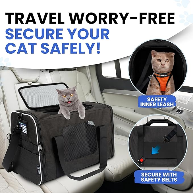 Airline-Approved Cat Carrier with Litter Box, 17x11x12β Soft Travel Litterbox up to 18 lbs Cats, Large Portable Carrier for Long Car Trips, Comes with Litter Scoop, Water Bowl, Pet ID & Cat Toy