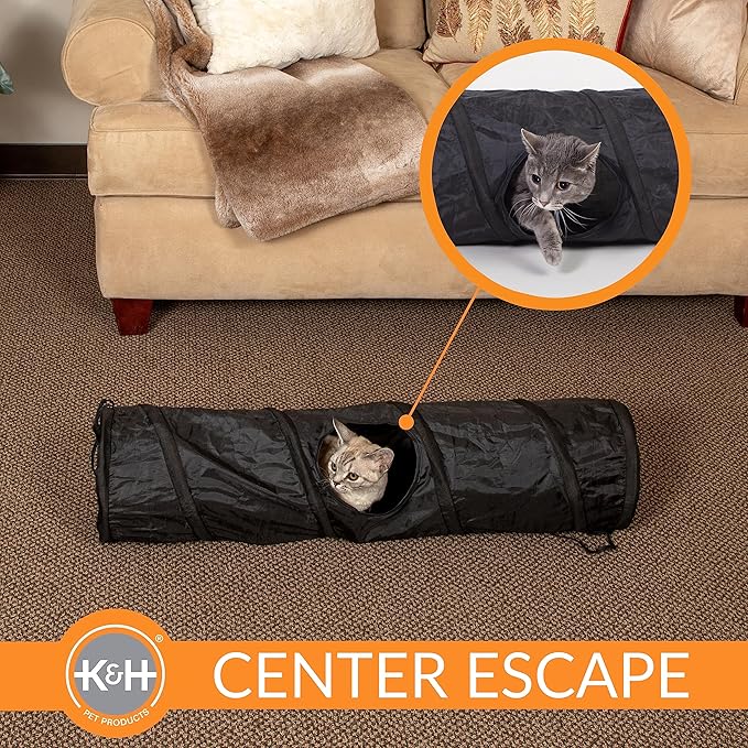 K&H Pet Products Cat Tunnel Tube Toy - Collapsible, Interactive Play Tube with Peek Hole for Indoor Cats, Kittens, Puppies, Rabbits; Compatible with K&H Cat Towers - Straight, Black 35" x 9"