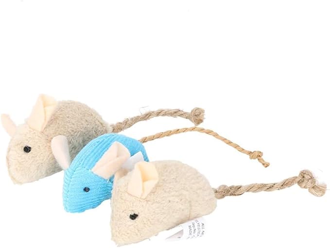 Plush Simulation Rat Mouse Scratch Bite Chewing Toys for Pet Cat Kitten, Set of 3, Khaki and Blue