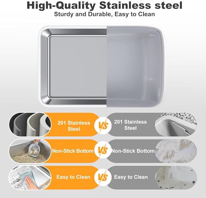 Stainless Steel Cat Litter Box, XL Extra Large Enclosure Litter Box for Small Big Cats, Filter Metal High Sided Litter Box with Scoop Mats, Non-Sticky Anti-Leakage Easy Cleaning