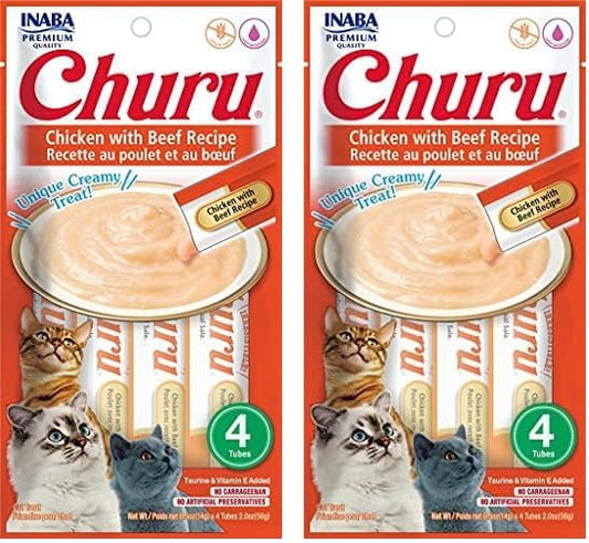 INABA Churu Chicken with Beef Recipe Natural Lickable Wet Treat for Cats (4 Tubes) (Pack of 2)