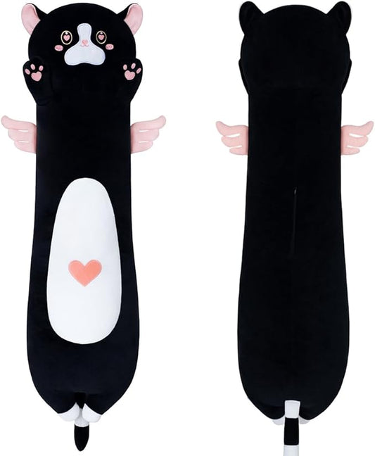 Long Plush Toy Cat Pillow Cute Plush Cat Toy Doll Stuffed Animal Cat Hugging Pillow for Sleeping Gift for Kids and Girls(Black&Pink,110cm/43.3in)