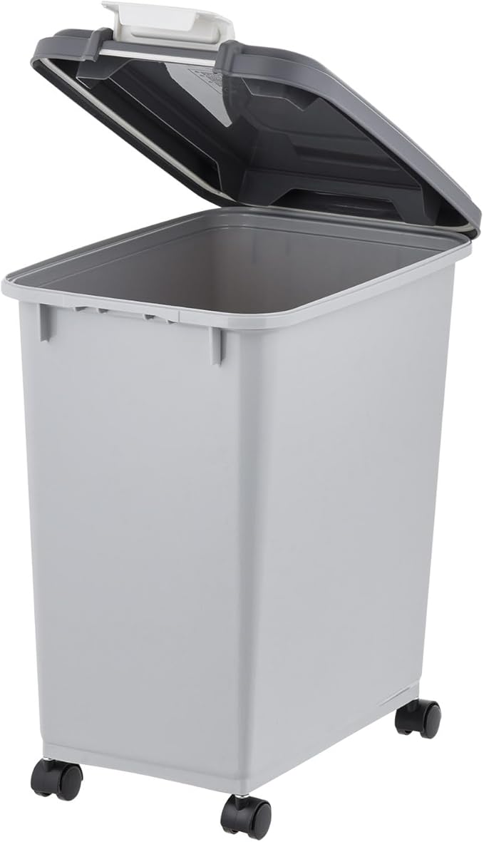 IRIS USA Airtight Dog Food Storage Container with Wheels, Up to 30 lbs & 11 lbs, 2-Cup Scoop, Cat Dog Treat Wet Food Cans Toys Storage Container, Stackable, Portable, Gray