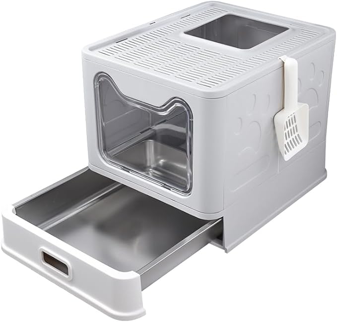 Foldable Enclosed Stainless Steel Cat Litter Box with Lid, High Wall Sides, Non-Sticky, Anti-Leakage, Easy Cleaning (Gray)