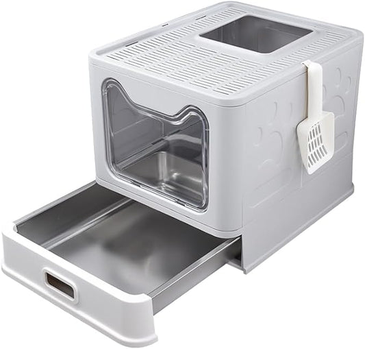 Foldable Enclosed Stainless Steel Cat Litter Box with Lid, High Wall Sides, Non-Sticky, Anti-Leakage, Easy Cleaning (Gray)