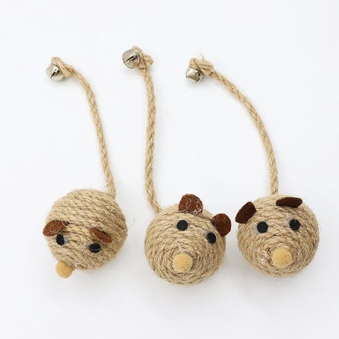 6Pcs Natural Sisal Toys for Cats,Sisal Balls Mice Toys with Rattling Sound for teractive Cat Scratcher Chew Toy with Cute Mouse Toy for Kitten Kicker