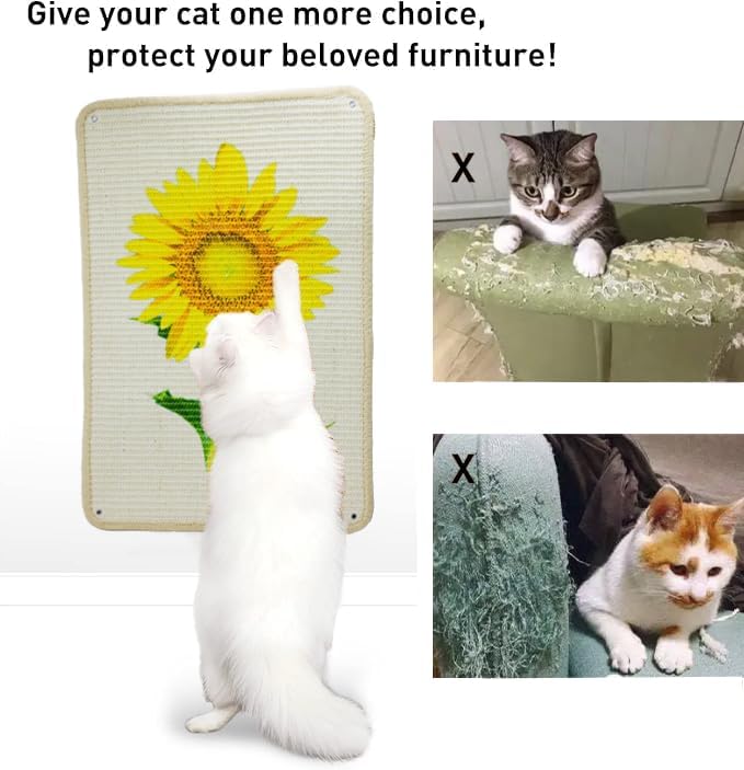 Cat Scratcher Mat, 23.6 X 15.7 Inch Natural Sisal Cat Scratch Mats Sunflower Pattern Cat Scratching Rug Wall Scratchers for Indoor Cats with Adhesive Hook Protect Carpets and Sofas（2Packs）