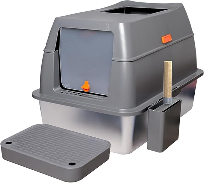 Stainless Steel Cat Litter Box: Extra Large Covered Metal Litter Box Non-Sticky and Anti-Urine Leakage - High Sided Enclosed Kitty Litterbox with Triple Pedal and Scoop for Jumbo Cats