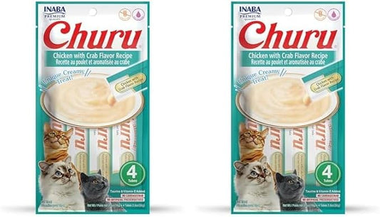INABA Churu Cat Treats, Grain-Free, Lickable, Squeezable Creamy Purée Cat Treat/Topper with Vitamin E & Taurine, 0.5 Ounces Each Tube, 4 Tubes, Chicken with Crab Recipe (Pack of 2)