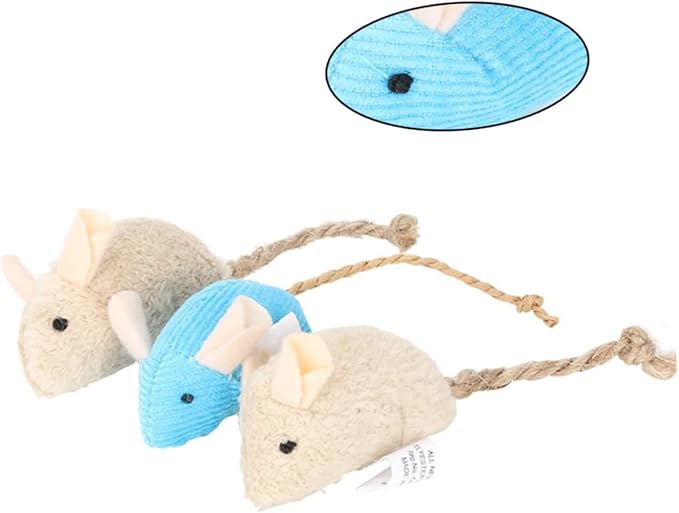 Plush Simulation Rat Mouse Scratch Bite Chewing Toys for Pet Cat Kitten, Set of 3, Khaki and Blue