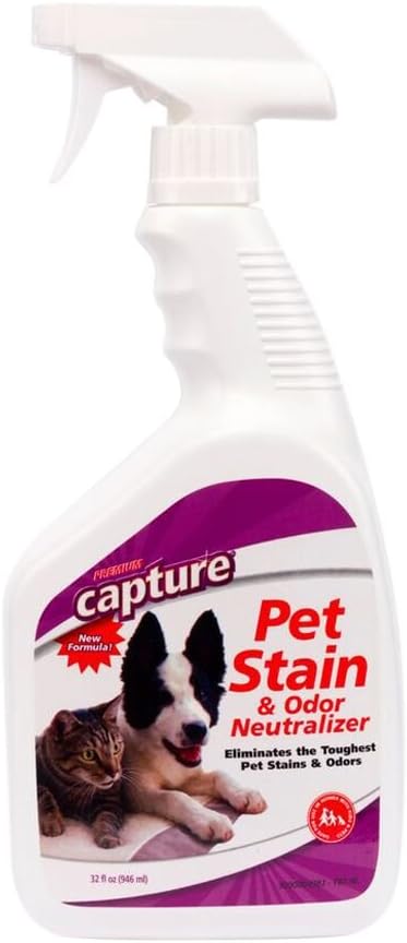 Capture Pet Stain & Odor Neutralizer - Pet Stain Remover for Carpet, Wood, Leather, Rug, Bed, Couch, Car, Upholstery, Clothes, Curtains, Wall, Floor, Concrete - 32oz Portable Spray Bottle