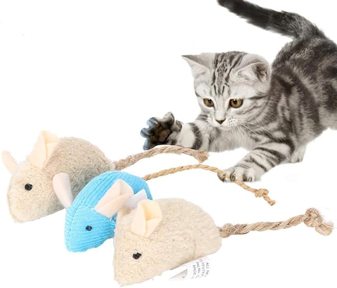 3Pcs Pets Interactive Playing Toys, Plush Simulation Rat Mouse Scratch Bite Chewing Toy for Pet Cat Kitten Khaki Blue Cat Mice and Animals Toys Pet Supplies