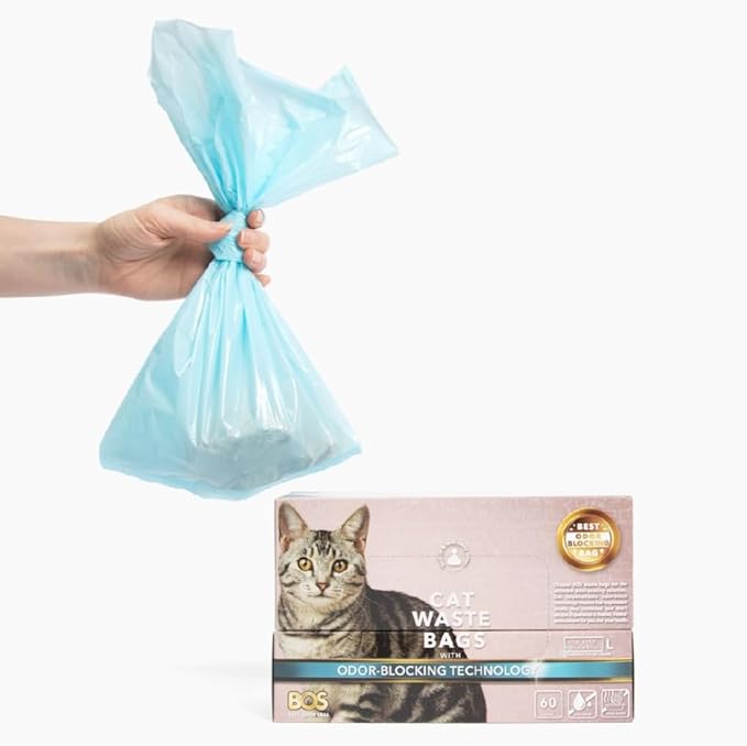 BOS Odor-Sealing Cat Poop Bags for Pet Waste & Kitty Litter - Disposal Bags - Scent & Smell Free[Size: L, Color: Light blue] (60 count, Pack of 2)★Brand-new packaging!! ★NOT a litter box liner
