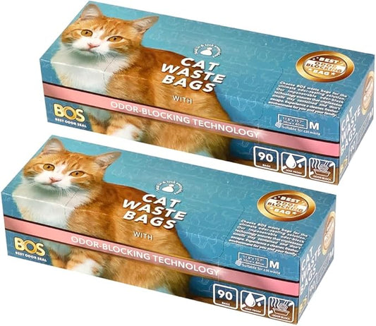 Best Odor-sealing Cat Waste Disposal Bags, BOS - Durable and Smell-free [Size: M, Color: Light blue] (90 Count, Pack of 2) (180 Bags)★Brand-new packaging design ★NOT a litter box liner