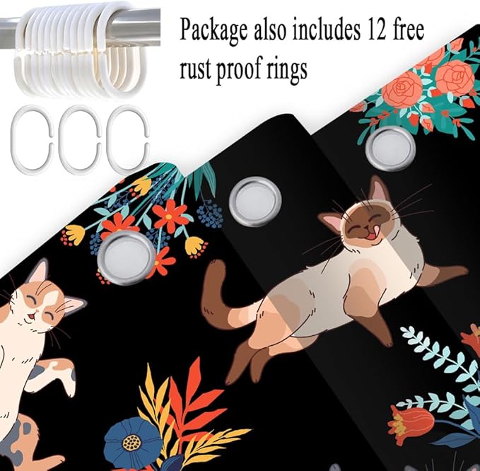 Cute Cat Shower Curtain With Flowers, Black for Bathroom Decor, Funny Set With Hooks, Kids 72X72in