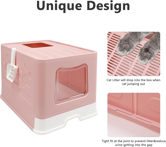 Foldable XL Cat Litter Box with Lid, Jumbo Enclosed Cat Potty, Top Entry Anti-Splashing Cat Toilet, Easy to Clean Including Cat Litter Scoop and 2-1 Cleaning Brush (Pink) Extra Large