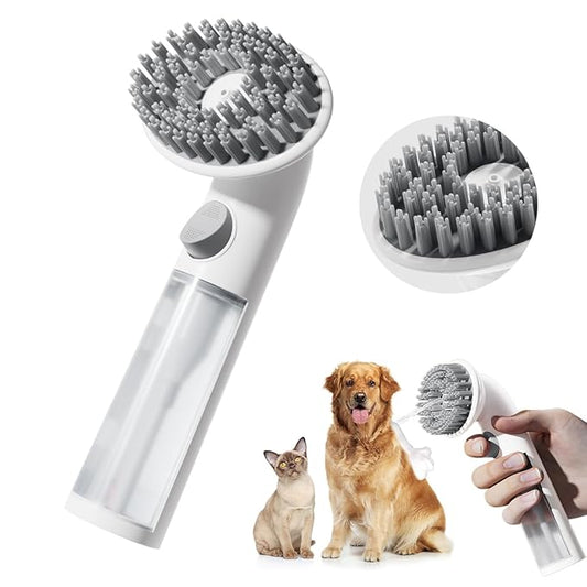 Pet Bath Brush Shampoo Dispenser for Cats Dogs, Cat Clean & Massage Brush with Soft Silicone Bristles for Pet Grooming Washing (White & Grey)