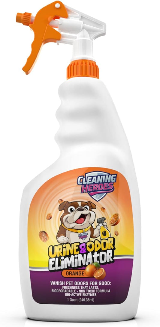 Pet Carpet Cleaner & Urine Odor Eliminator for Strong Odor - Orange, 32oz Enzyme Cleaning Spray for Cat & Dog Pee - Spot Cleaner for Carpet Upholstery, Marble, Tile, Wood
