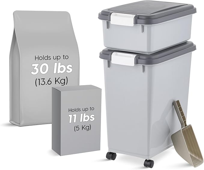 IRIS USA Airtight Dog Food Storage Container with Wheels, Up to 30 lbs & 11 lbs, 2-Cup Scoop, Cat Dog Treat Wet Food Cans Toys Storage Container, Stackable, Portable, Gray
