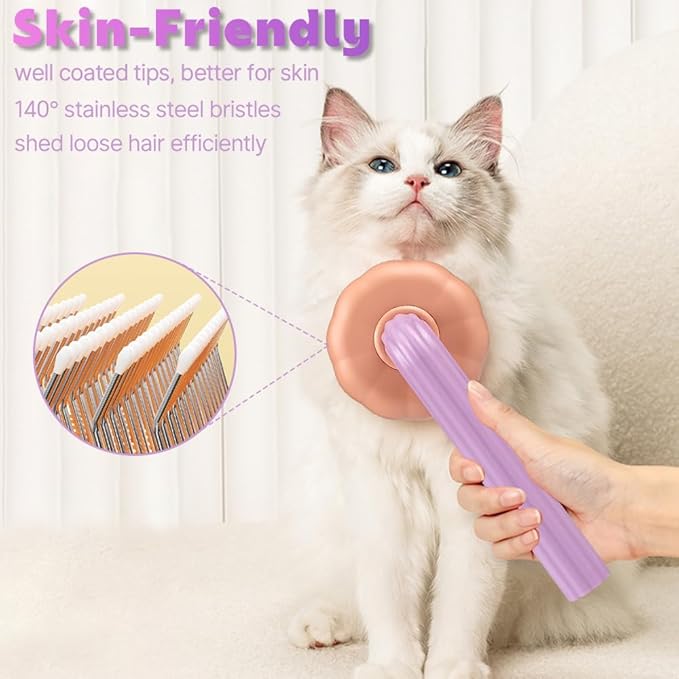 Pumpkin Cat Brush, Self Cleaning Cat Brush with Release Button, Cat Hair Brush for Shedding, Pet Grooming Brush for Short and Long Haired Cats Dogs (Purple)