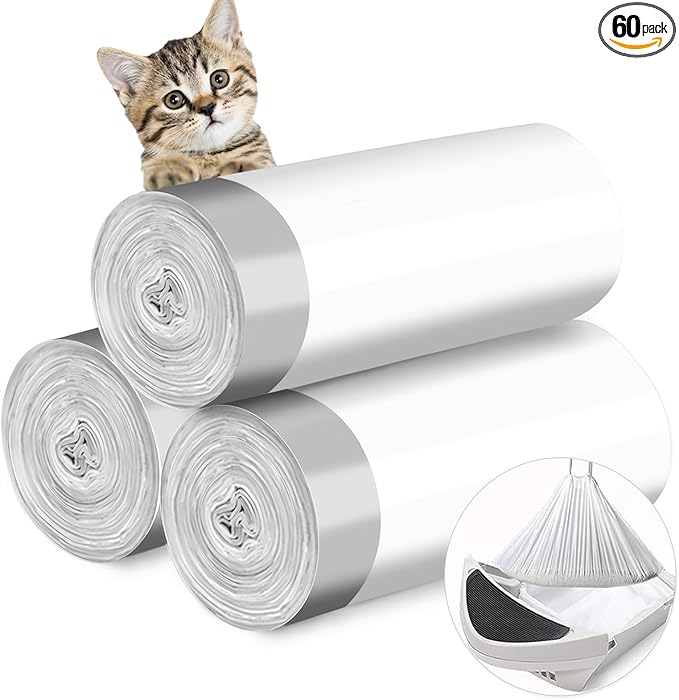 Cat Litter Box Liner 60 Count Cat Litter Bags Compatible With Litter Robot 3/4, 25x16in Thickened Waste Bags Replacement with Drawstring for Self-Cleaning Cat Litter Box (3Rolls)