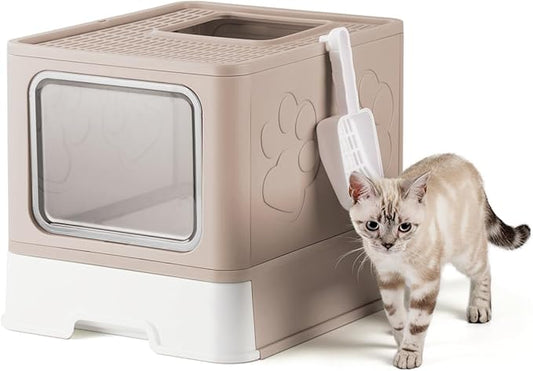 Enclosed Litter Box with Lid, X-Large Foldable Cat Litter Box, Covered Kitty Litter Box, Two-Way Entry and Exit Cat Box with Scoop, Odor Control, Easy to Clean(Coffee)