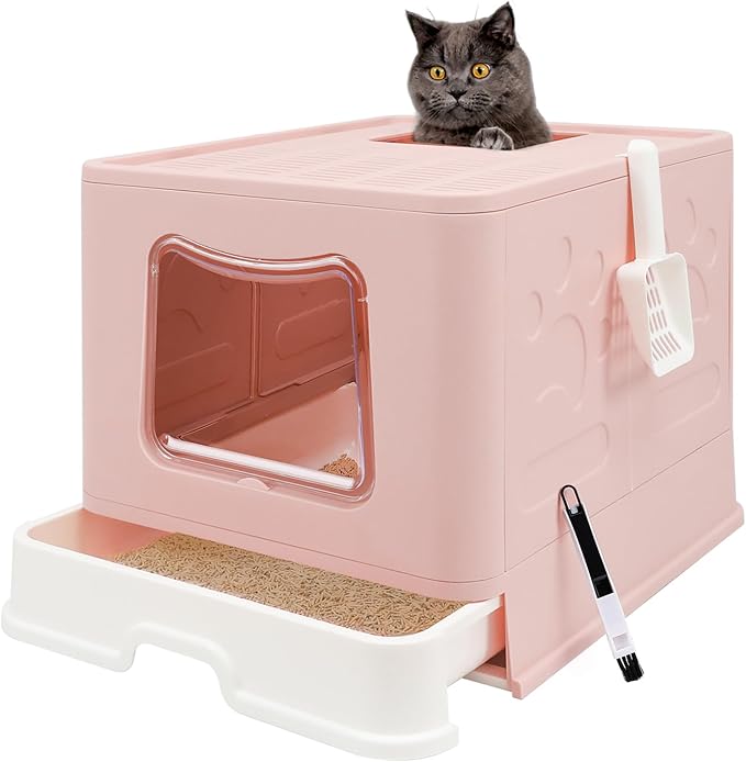 Foldable XL Cat Litter Box with Lid, Jumbo Enclosed Cat Potty, Top Entry Anti-Splashing Cat Toilet, Easy to Clean Including Cat Litter Scoop and 2-1 Cleaning Brush (Pink) Extra Large