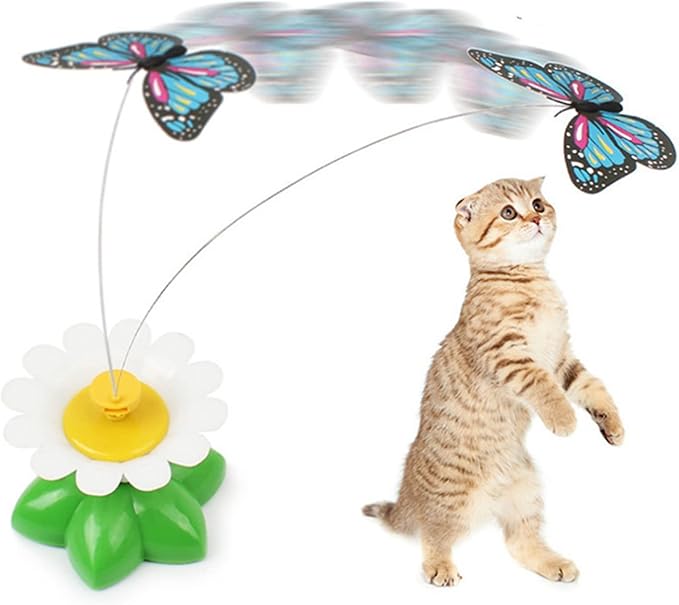 Pomya Cat Teaser Toy 360 Degree Rotating Flower Shape Interactive Kitten Toy with Electric Flying Butterflies, Easy Use, Help Loosing Weight, Self Rotating, and Relieve Boredom