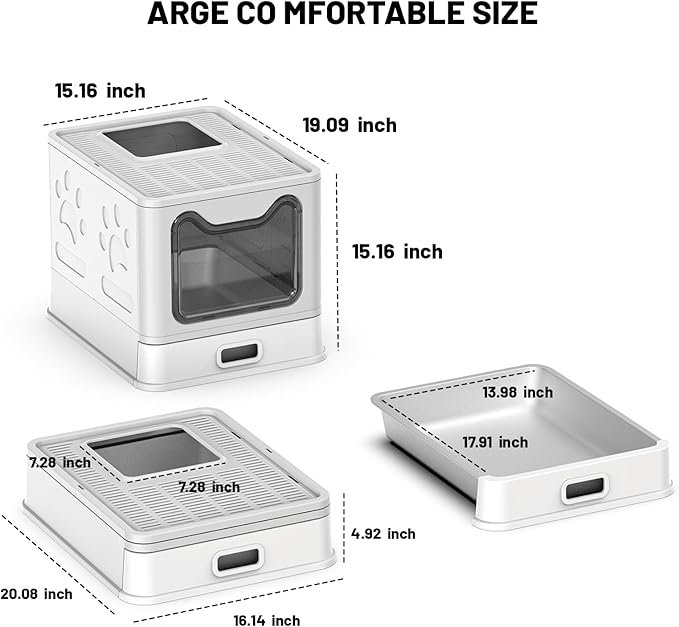 Foldable Enclosed Stainless Steel Cat Litter Box with Lid, High Wall Sides, Non-Sticky, Anti-Leakage, Easy Cleaning (Gray)