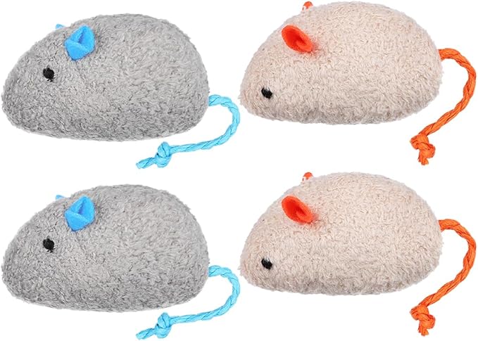 LOGOFUN 4Pcs Cat Mice Toy Plush Cat Mouse Toys Kitten Mice Chew Toy Kitten Mouse Molar Toy for Pet Supplies - Gray+Beige