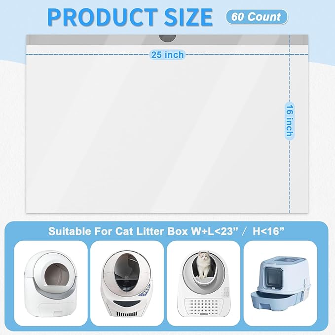 Cat Litter Box Liner 60 Count Cat Litter Bags Compatible With Litter Robot 3/4, 25x16in Thickened Waste Bags Replacement with Drawstring for Self-Cleaning Cat Litter Box (3Rolls)