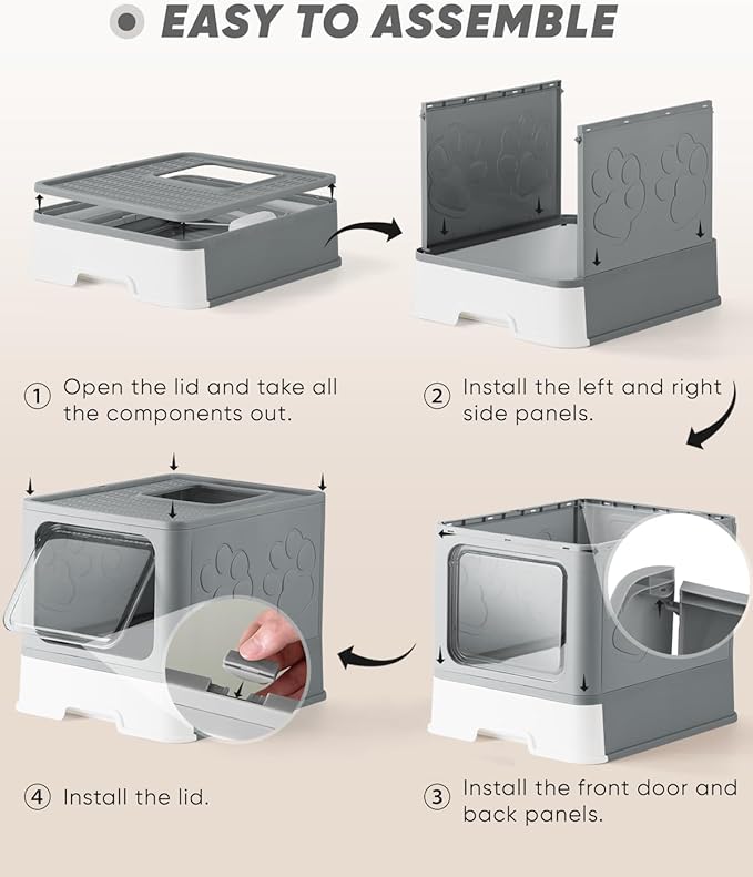 Enclosed Litter Box with Lid, X-Large Foldable Cat Litter Box, Covered Kitty Litter Box, Two-Way Entry and Exit Cat Box with Scoop, Odor Control, Easy to Clean(Grey)