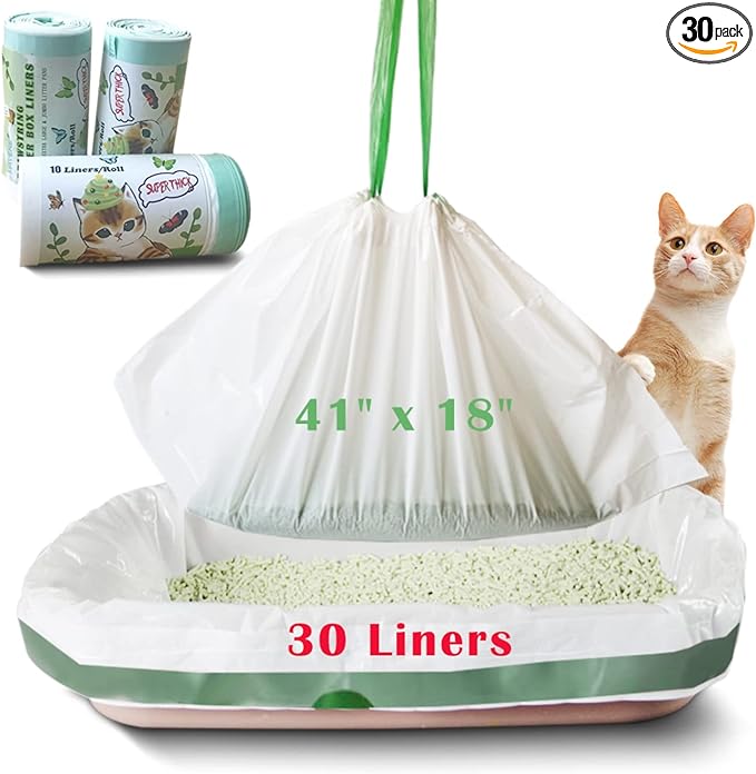 Jumbo Cat Litter Box Liners - 30 Count Extra Large Drawstring Bags, 4 Mils Thickness Pan Liner for Pet Cats and Kitties - 41" x 18" Oversized