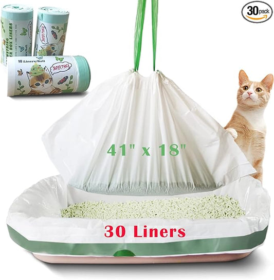 Jumbo Cat Litter Box Liners - 30 Count Extra Large Drawstring Bags, 4 Mils Thickness Pan Liner for Pet Cats and Kitties - 41" x 18" Oversized