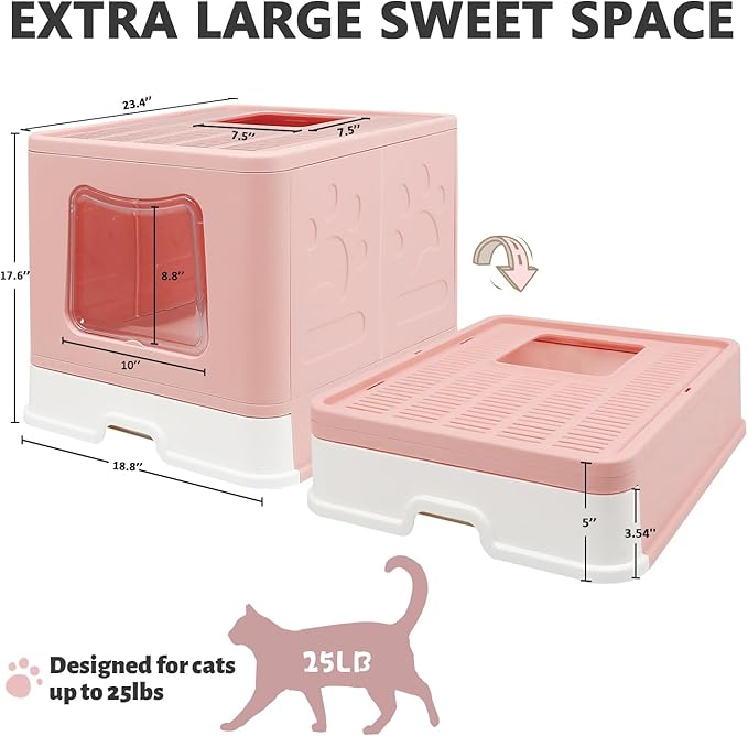 Foldable XL Cat Litter Box with Lid, Jumbo Enclosed Cat Potty, Top Entry Anti-Splashing Cat Toilet, Easy to Clean Including Cat Litter Scoop and 2-1 Cleaning Brush (Pink) Extra Large