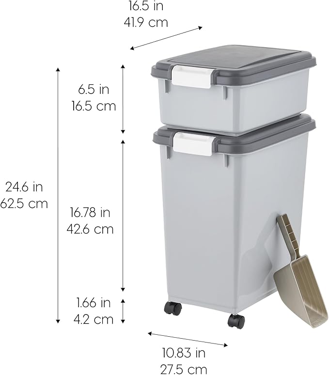 IRIS USA Airtight Dog Food Storage Container with Wheels, Up to 30 lbs & 11 lbs, 2-Cup Scoop, Cat Dog Treat Wet Food Cans Toys Storage Container, Stackable, Portable, Gray