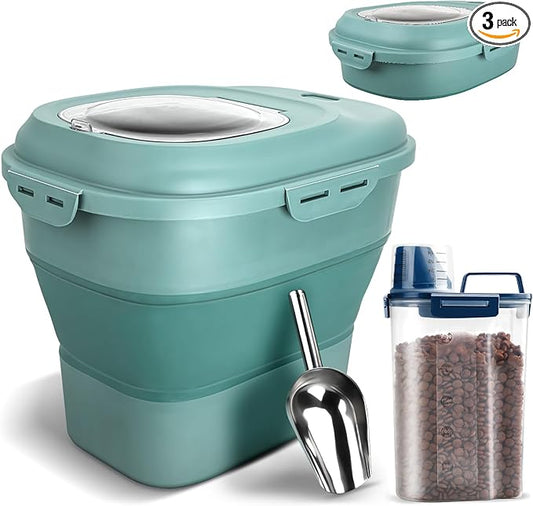 Dog Food Storage Container, Airtight Collapsible 13lb to 30lb Pet Food Container with Flip Top, Rolling Wheel, Scoop and 3L small container for Dog Cat Food and Dry Food of Rice, Flour