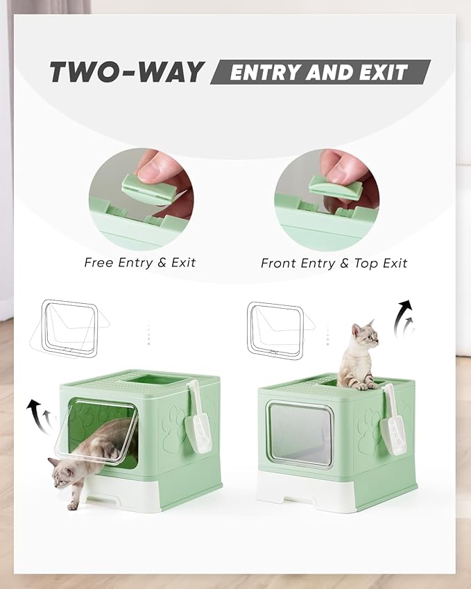 Enclosed Litter Box with Lid, X-Large Foldable Cat Litter Box, Covered Kitty Litter Box, Two-Way Entry and Exit Cat Box with Scoop, Odor Control, Easy to Clean(Green)
