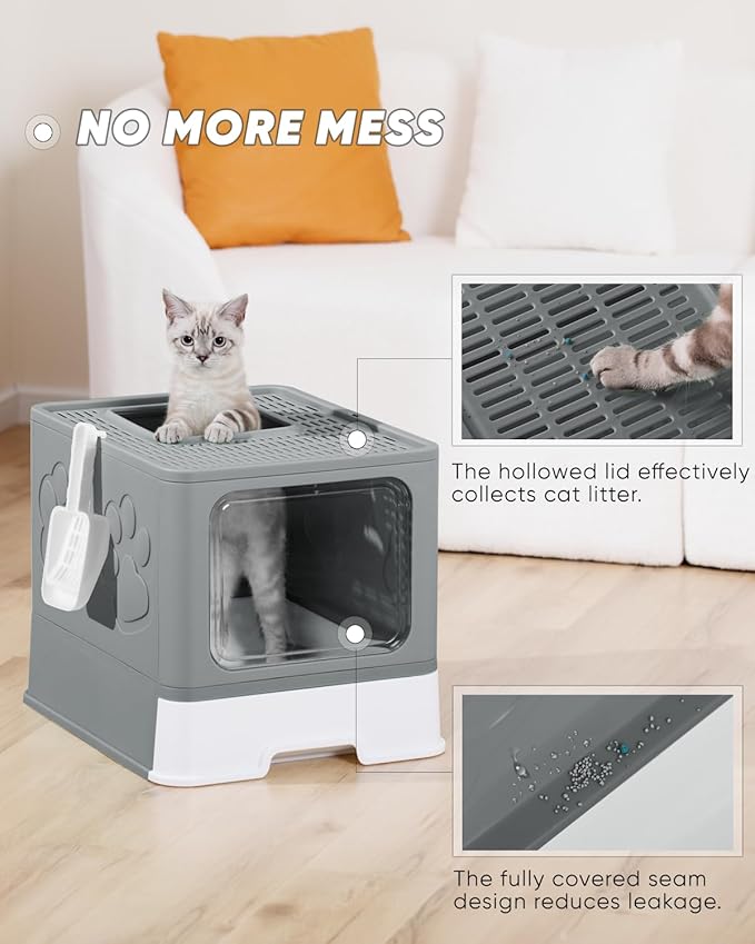 Enclosed Litter Box with Lid, X-Large Foldable Cat Litter Box, Covered Kitty Litter Box, Two-Way Entry and Exit Cat Box with Scoop, Odor Control, Easy to Clean(Grey)