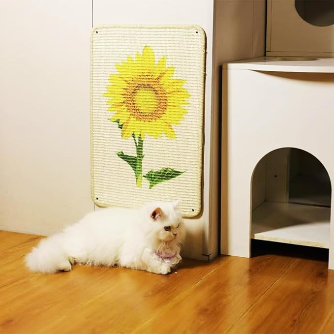 Cat Scratcher Mat, 23.6 X 15.7 Inch Natural Sisal Cat Scratch Mats Sunflower Pattern Cat Scratching Rug Wall Scratchers for Indoor Cats with Adhesive Hook Protect Carpets and Sofas（2Packs）