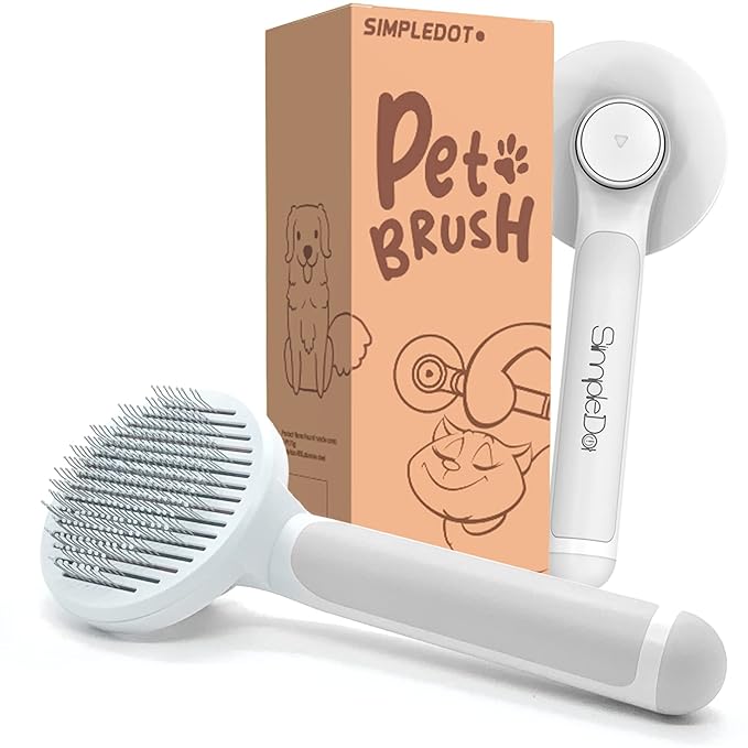 Self Cleaning Slicker Brush for Dogs and Cats, Pet Grooming Hair Brush, Removes Undercoat, Loose Hair, Mats, Tangles, and Dirt, Massages All Hair Types, Gray