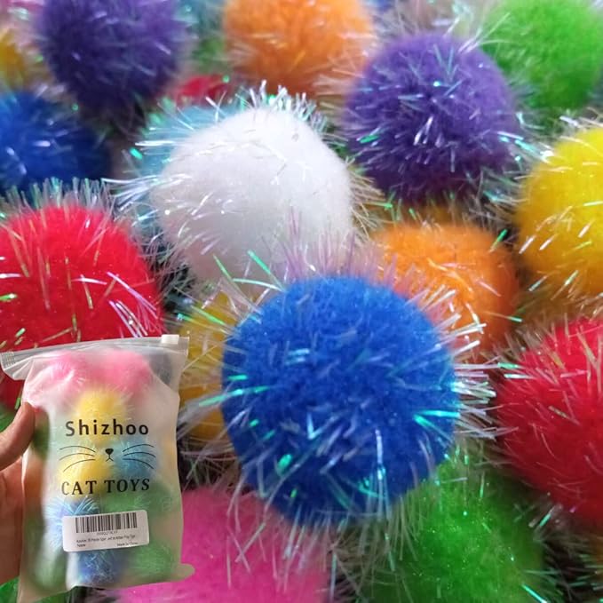 30 Pieces Sparkle Pom Pom Balls for Cat - Interactive Glitter Balls, Multicolor, Size of 1.2 inches, Best as Kitten Play Toys