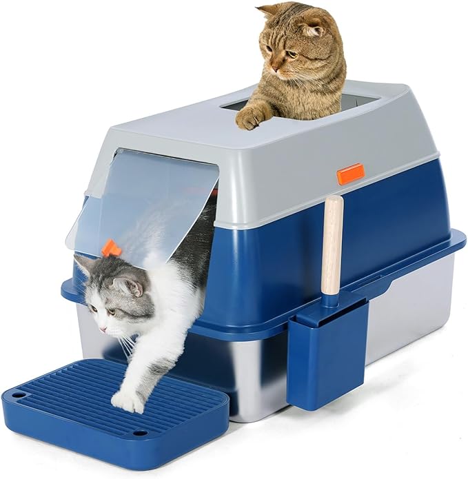Enclosed Stainless Steel Litter Box with High Sides, Top Entry Jumbo Cat Litter Box with Lid, Covered Metal Extra Large Litter Box for Big Cats, Durable, Anti Leakage, Odorless, Non-Sticky, FOXORU
