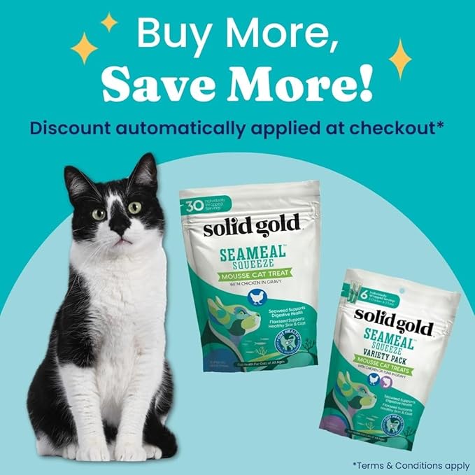 Solid Gold Lickable Cat Treats - Chicken SeaMeal Squeeze Squeezable Cat Treats for Indoor Cats 30 Pack - Made with Fiber-Rich Seaweed for Digestive Health & Immune Support - 3 oz / 30 Count