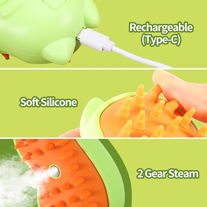 Rechargeable 3in1 Self-Cleaning Steam Grooming Brush for Cat and Dog Shedding - 2 Gears for Long/Short Hair - Green