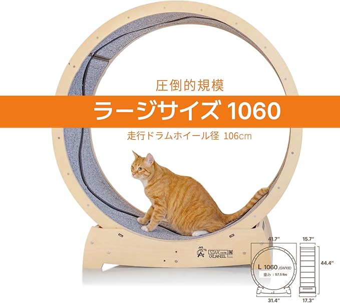 Star Cat Wheel, Cat Treadmill, Exercise Wheel for Running, Spinning, Scratching, and Climbing for Indoor Cats, Premium Birch Wood, Eco-Friendly, Moving Fish, Wide Running Track, 41.7 inch L Size